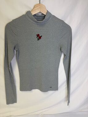 Hollister Gray Mock Neck Long Sleeve Top with Red Rose Detail